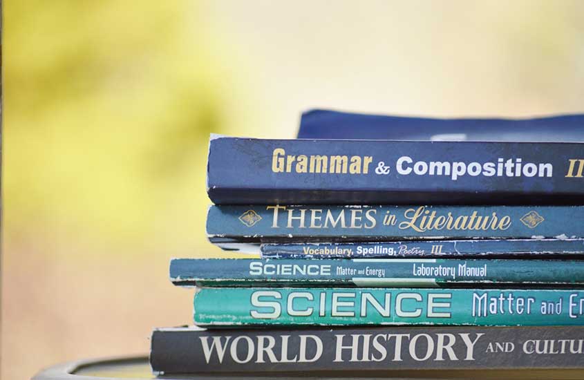 Livros de inglês, ciências, literatura e história em cima de mesa