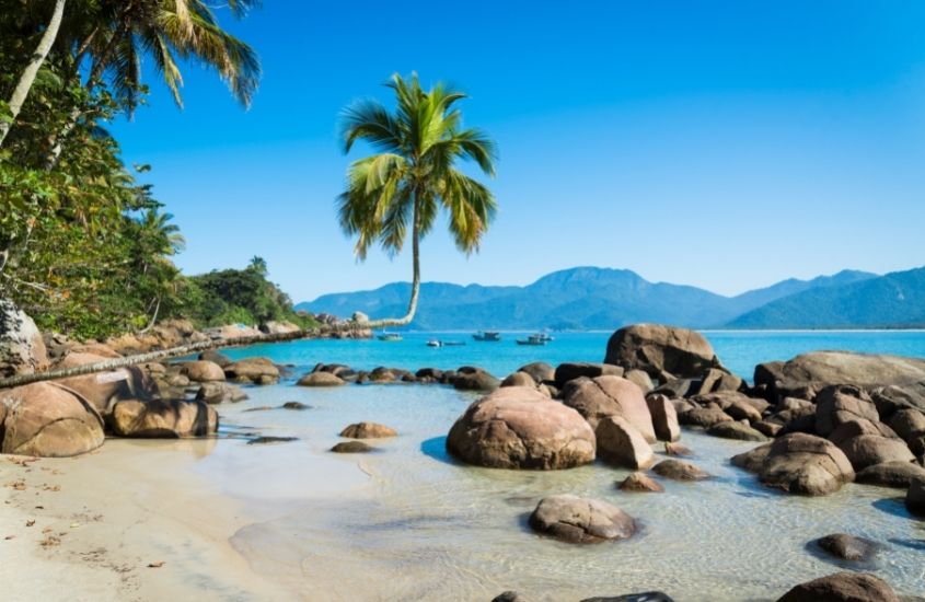 árvores, pedras e mar em praia de Ilha Grande no RJ, um ótimo lugar para viagem pelo litoral brasileiro