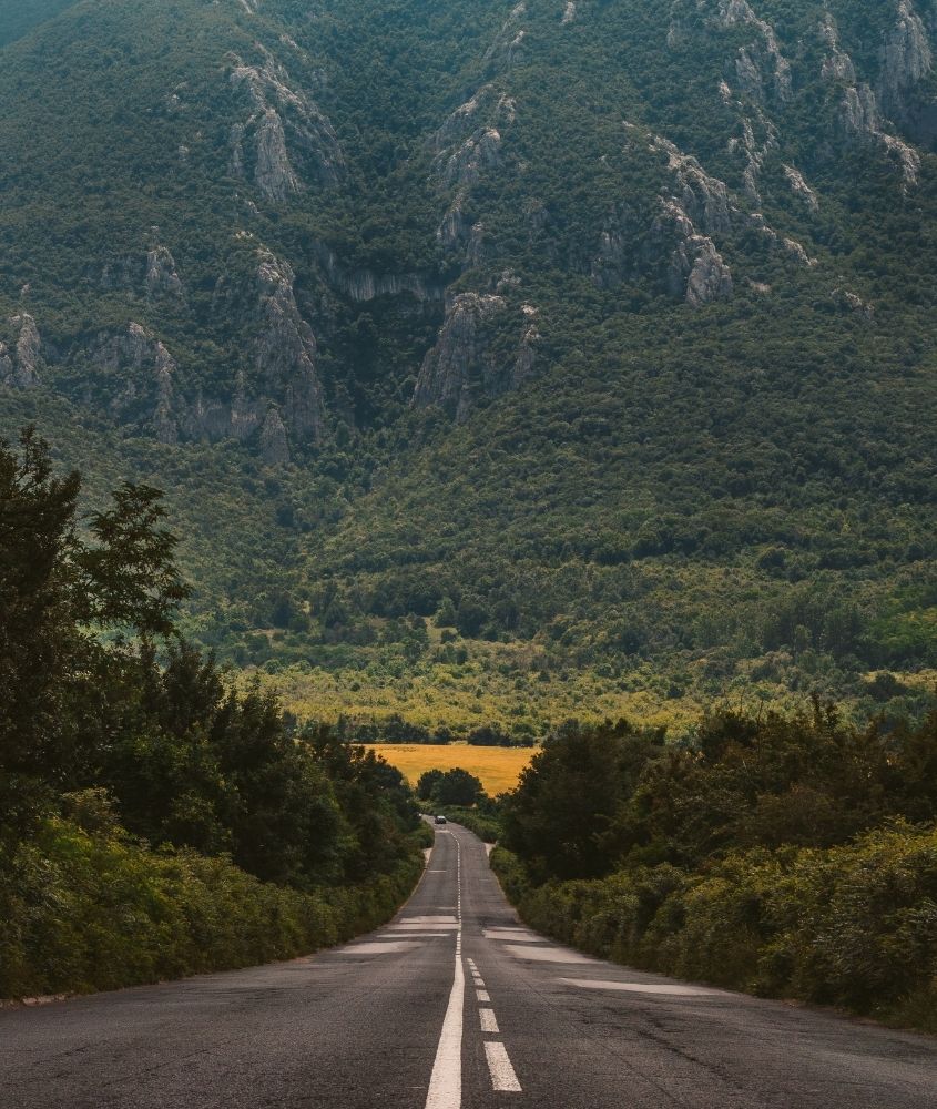 estrada vazia rodeada de árvores, ao fundo uma montanha, durante o dia na bulgária
