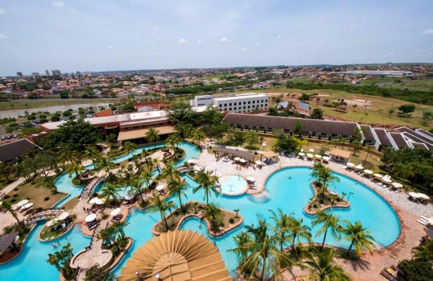 vista aérea de piscina rodeada de coqueiros, durante dia ensolarado em lins