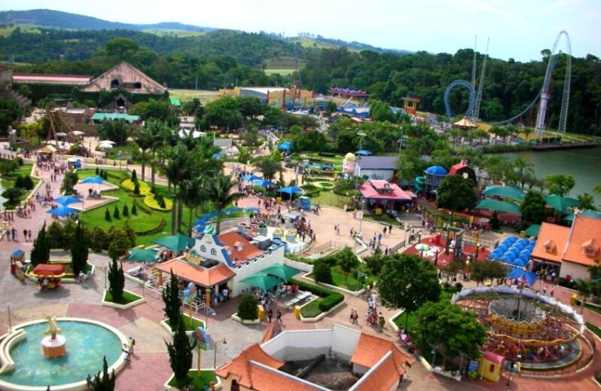 vista aérea, durante o dia, de pessoas caminhando por hopi hari, um dos melhores parques de diversões do brasil, onde há brinquedos como montanha russa e roda gigante