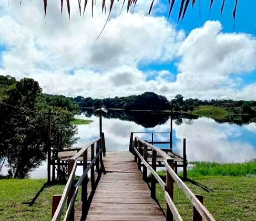 Durante uma manhã de sol com nuvens, deck de madeira de um dos hotéis de selva no amazonas com rio no frente e floresta ao redor