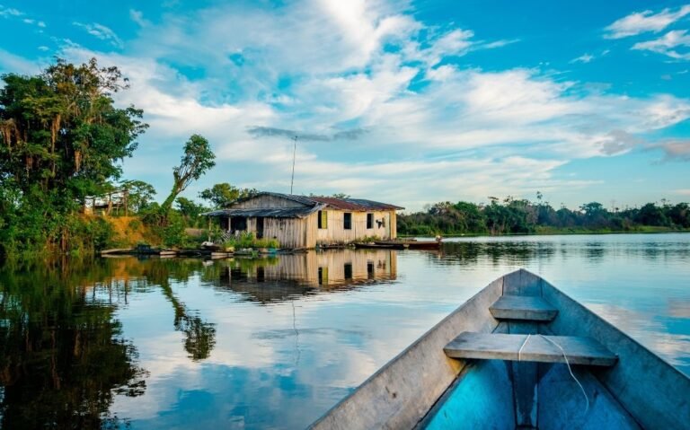 canoa em rio, passa em frente a casa cercada de árvores, durante o dia em Amazônia