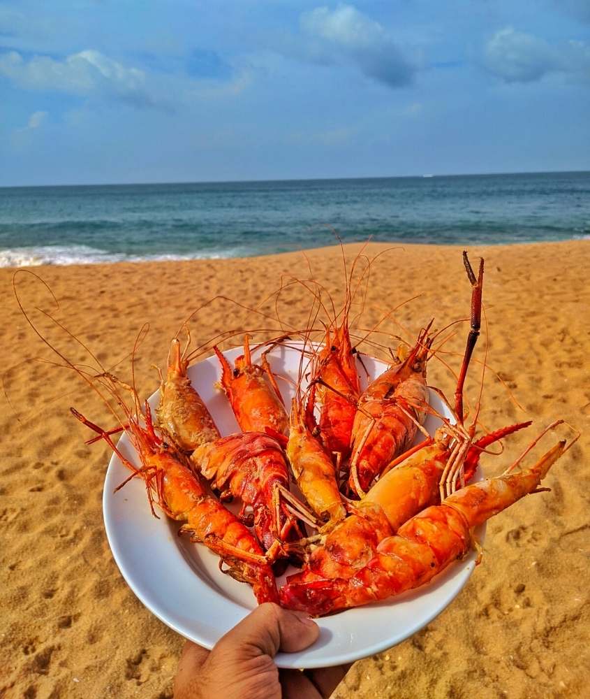 pessoa segura prato branco com camarões em frente a praia, durante o dia em ilha de itaparica ba
