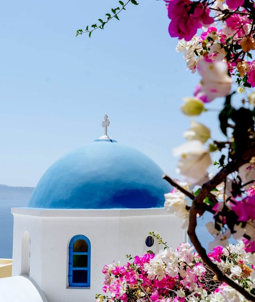 flores em frente a igreja branca com cúpula azul, durante o dia em santorini
