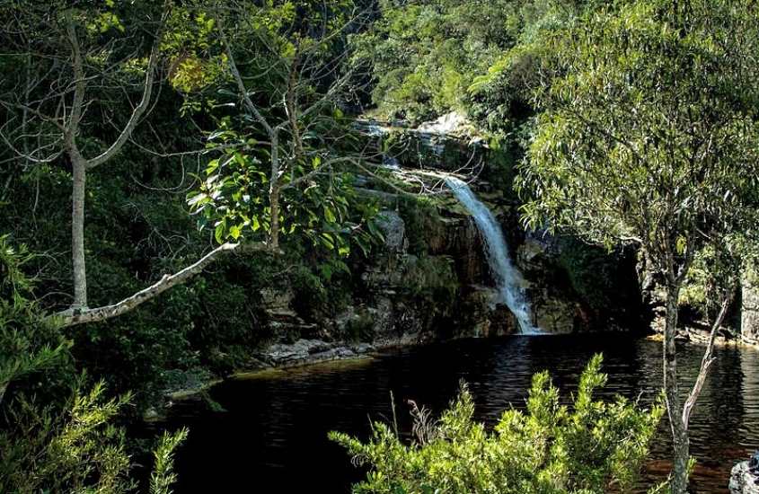 queda d'água de cachoeira cercada de árvores, durante dia ensolarado em Macacos, um dos melhores destinos de viagem no brasil