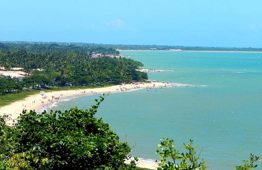 vista aérea vegetação e pessoas em areia em frente ao mar da praia do mutuá, durante dia ensolarado
