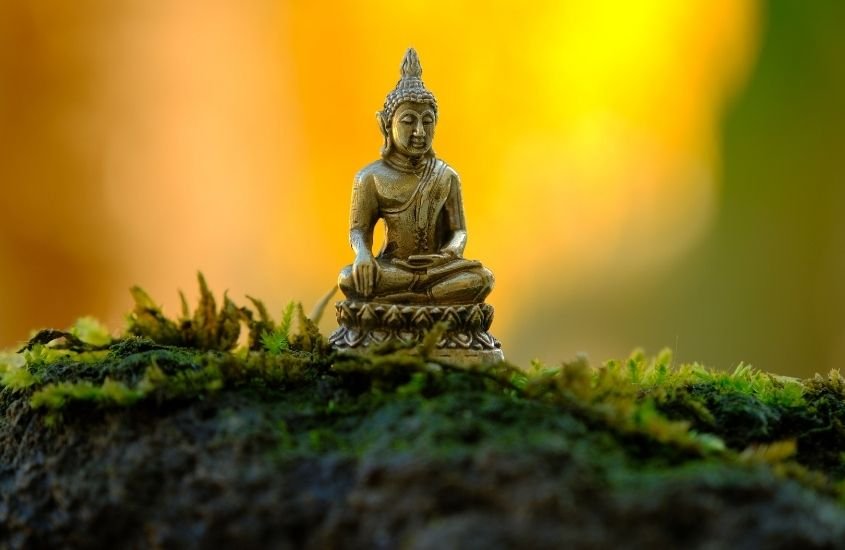 Pequena estátua dourada de Buda em cima de uma pedra no meio da natureza