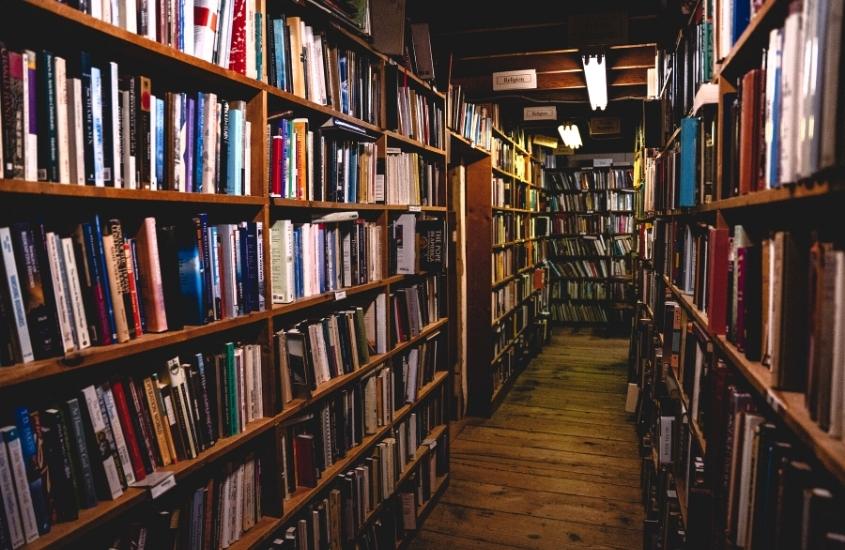 estantes repleta de livros em uma livraria, local ideal para quem busca o que fazer em Blumenau em dia de chuva