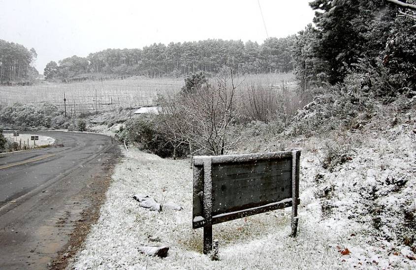 durante o dia, placa de trânsito e árvores cobertas de neve durante inverno em urubici