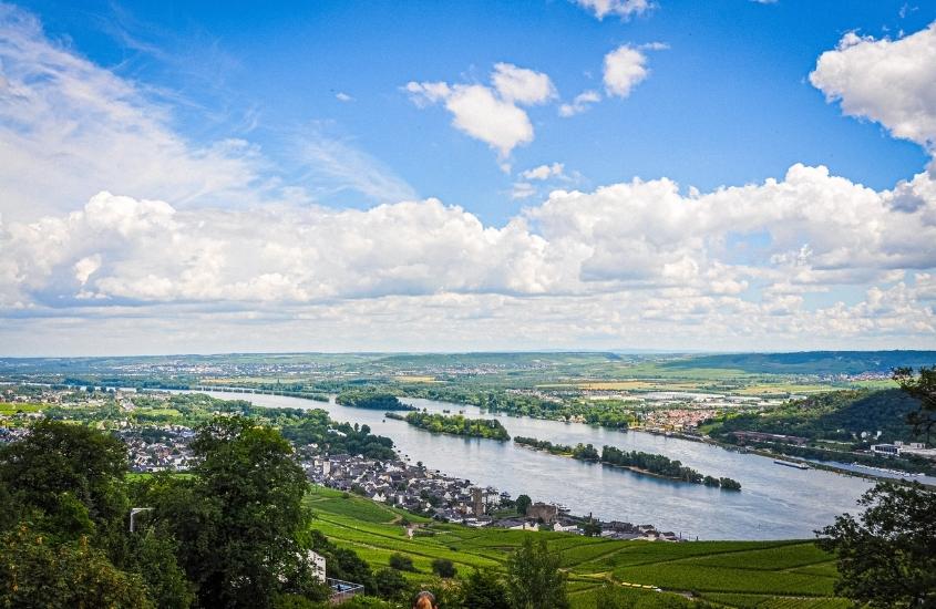 vista aérea de árvores em frente a rio, durante o dia em vale do reno, um dos pontos turísticos da alemanha