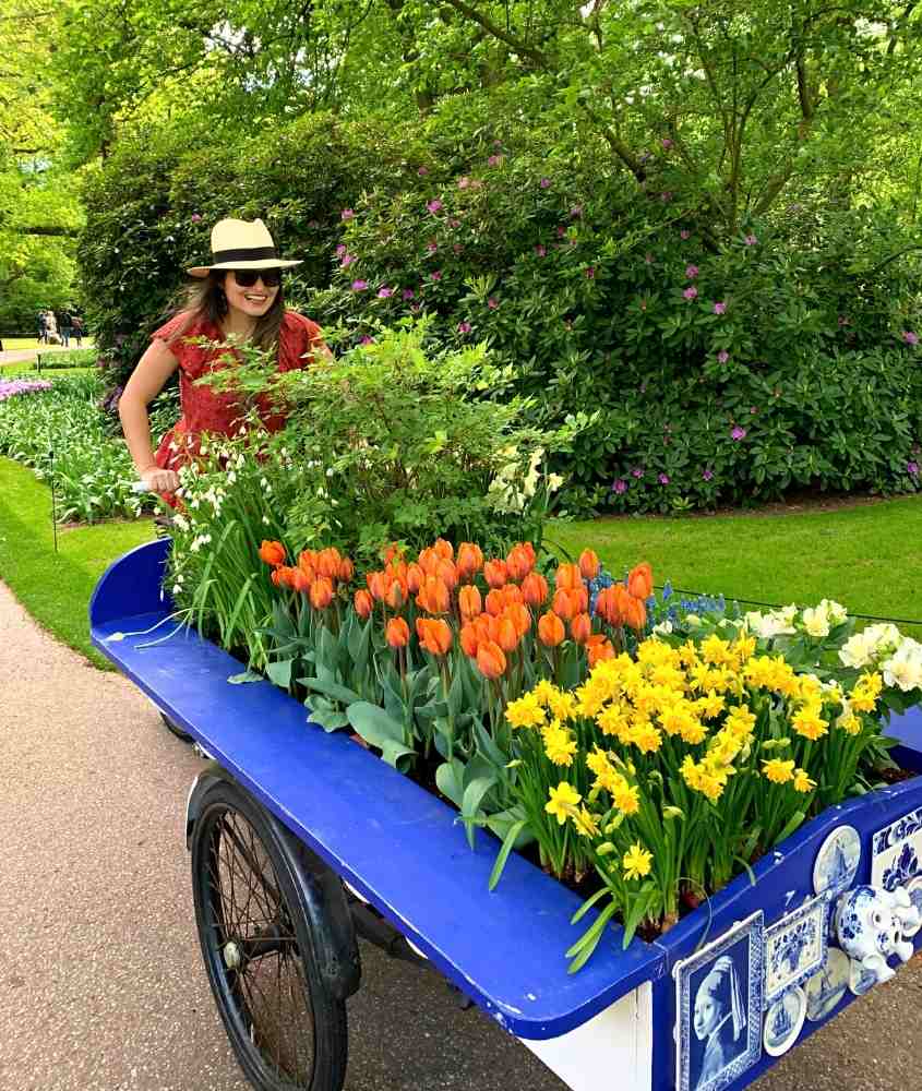 durante o dia, bárbara rocha de chapéu e blusa vermelha, empurra carrinho azul cheio de plantas e tulipas