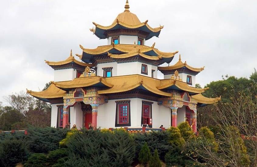 durante o dia, árvores em frente a construção branca com telhados dourados que lembra templo chines