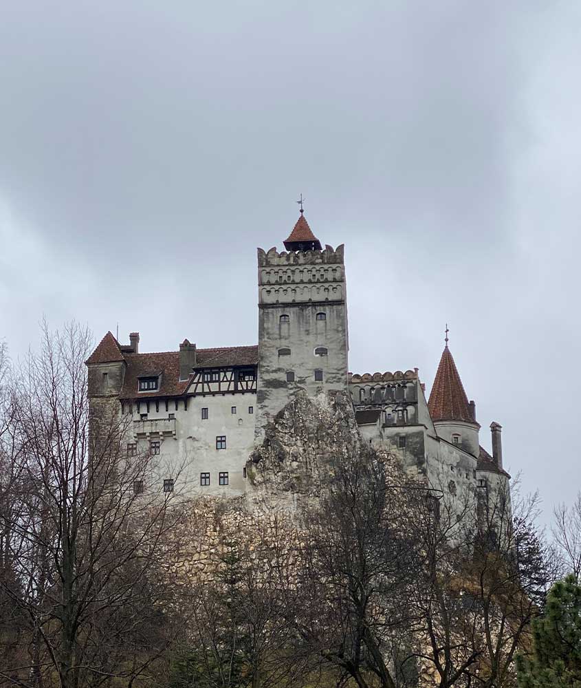 durante dia nublado, árvores secas em frente a grande construção cinza, com telhado de tijolos vermelhos onde funciona um dos castelos na romênia