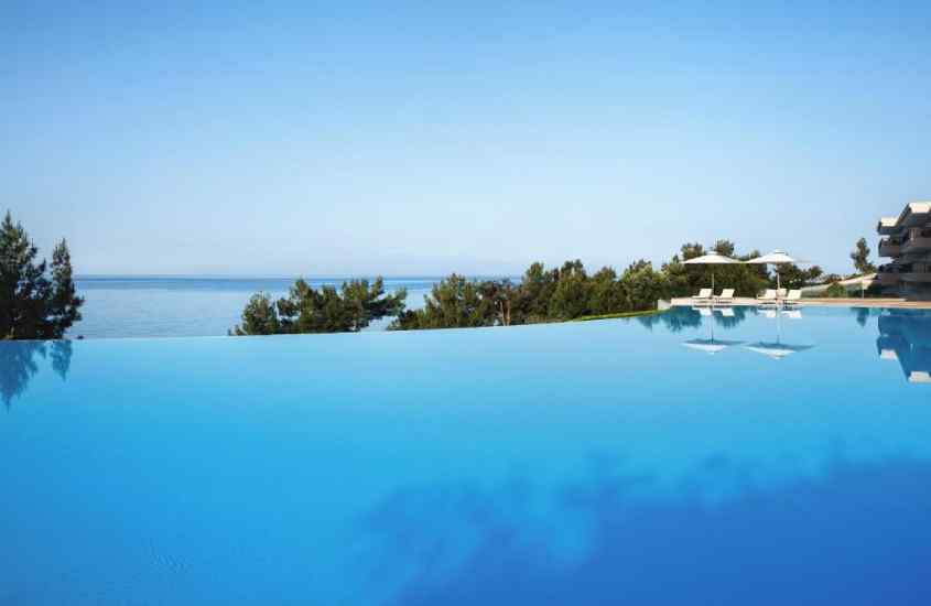 Em um dia de sol, área de lazer de um resort com piscina de borda infinita, paisagem da praia e árvores ao redor