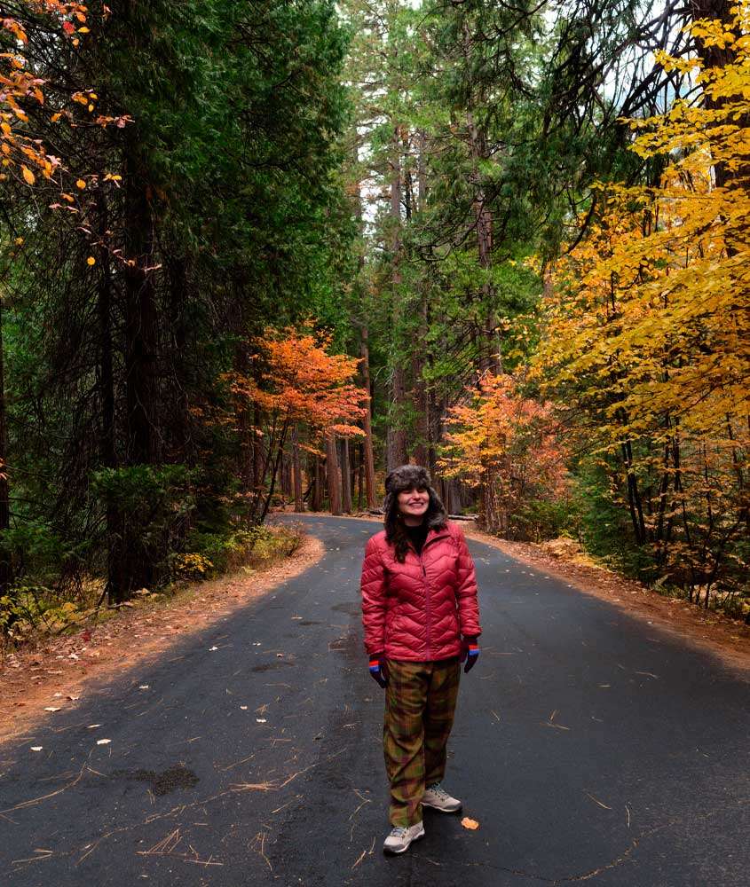 Em um dia nublado, Bárbara Rocha Alcantelado, criadora do blog melhores momentos da vida, em uma das trilhas do Parque Nacional de Yosemite com árvores coloridas ao redor