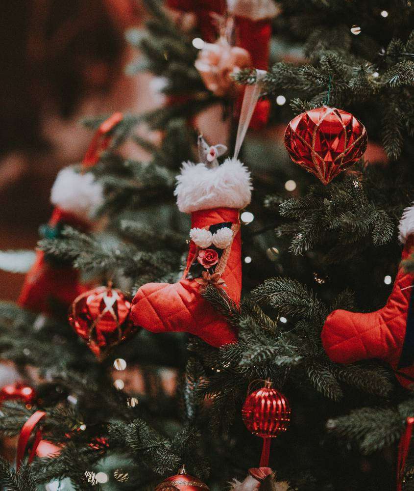 meia e bolas vermelhas decorando árvore de natal