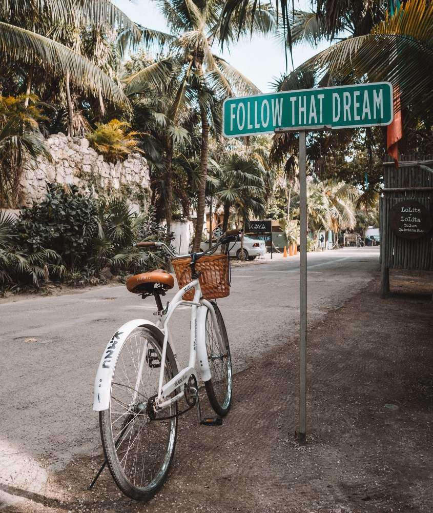 durante o dia, bicicleta branca e marrom, estacionada em rua arborizada, ao lado de placa verde onde há escrito 'follow that dream'