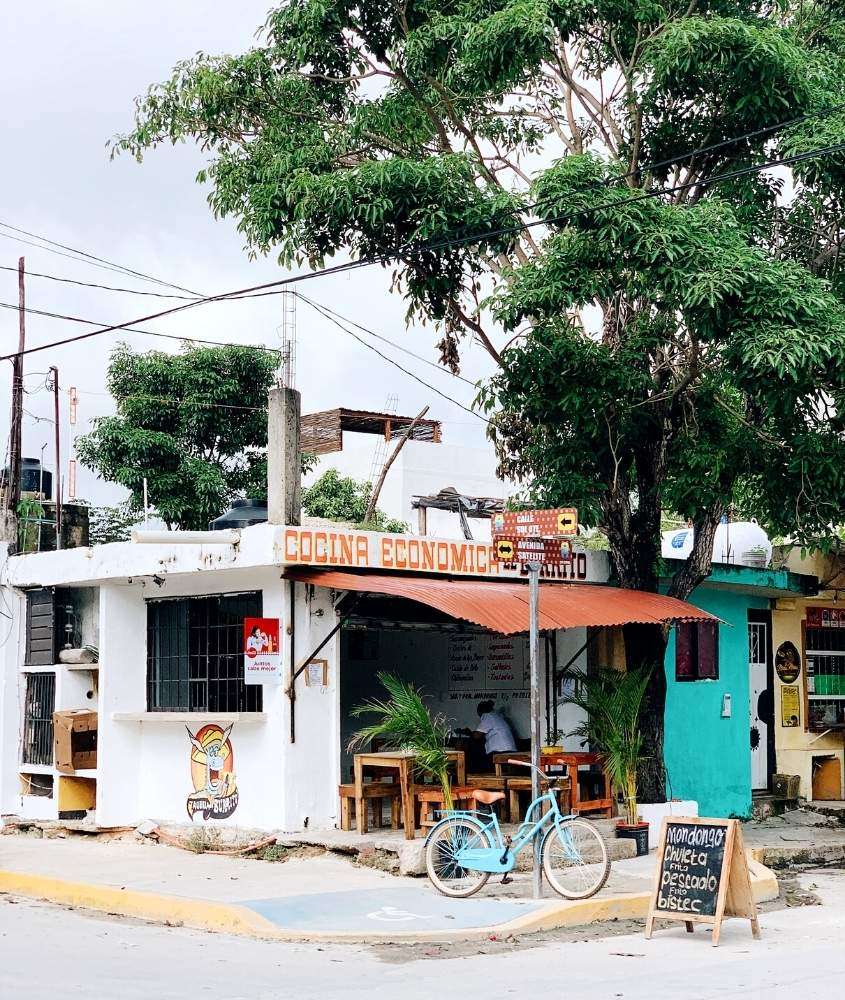 durante o dia, bicicleta azul e branca estacionada em rua arborizada de Tulum México