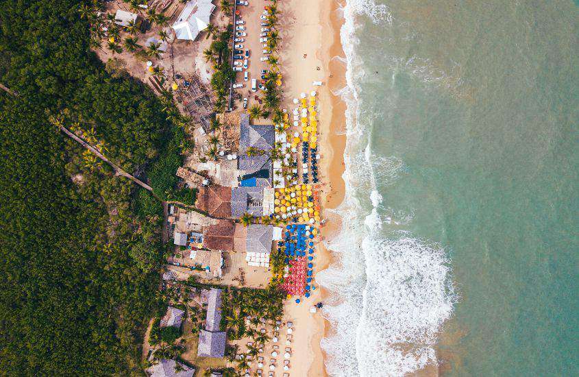 durante o dia, vista aérea de árvores, guarda-sóis coloridos e cadeiras em areia de praia em axé moi, arena para curtir o carnaval carnaval porto seguro 2023