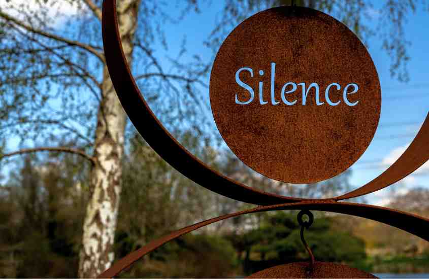 durante o dia, placa marrom, onde há escrito 'silence', cercada por árvores