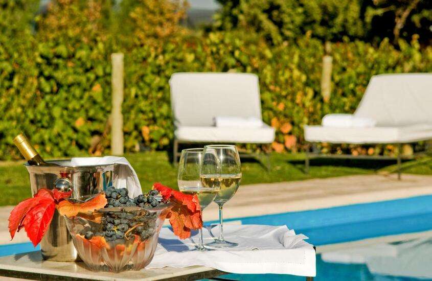 durante o dia, vinhos postos em mesa em frente à piscina ao ar livre em área de lazer de hotel vinícola em Mendoza