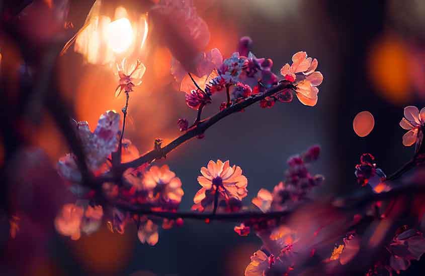flores rosas iluminadas por luz amarela durante a primavera, melhor época para ir ao japão