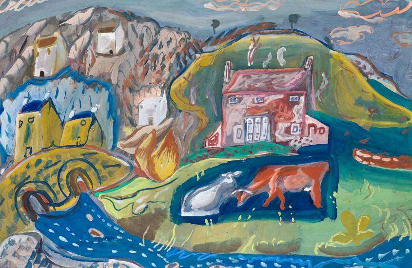 quadro com pinturas de casas, montanhas e animais em galeria de arte, atração para quem busca o que fazer em bora bora