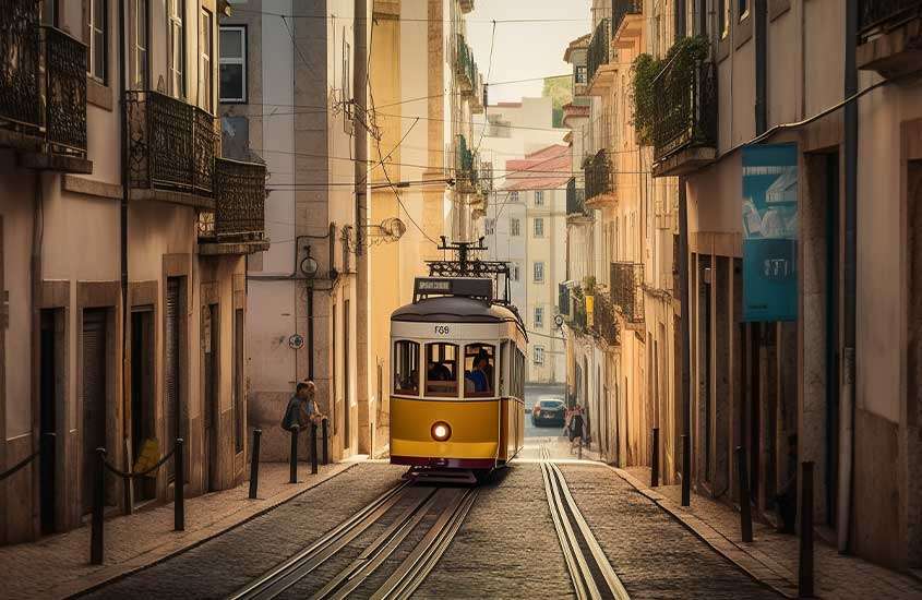 Durante o dia, bonde elétrico amarelo histórico passando em rua de Lisboa