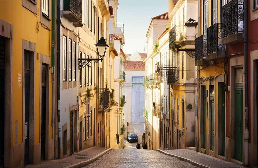 Durante o dia, vista de rua em Chiado, bairro de Lisboa, com casas coloridas e pessoas caminhando, ao fundo