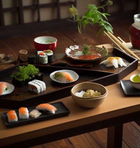Várias peças de sushi fresco, com arroz e ingredientes diversos, dispostas em bandejas de madeira marrom em cima da mesa