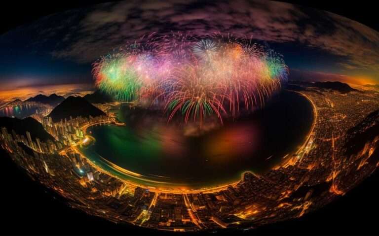 durante a noite, vista aérea de prédios às margens de mar e fogos de artifício iluminando o céu durante o réveillon rio de janeiro