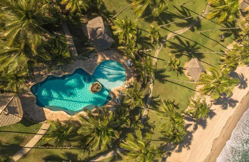 durante um dia ensolarado, vista aérea de árvores ao redor de grande piscina ao ar livre em um dos resorts em porto de galinhas à beira-mar