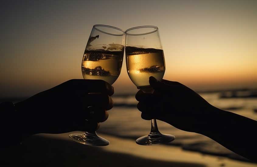 Duas mãos segurando taças de champagne, fazendo um brinde, com um belo nascer do sol no mar ao fundo