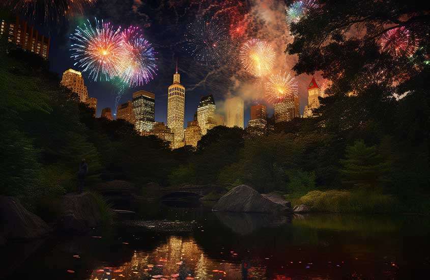 Queima de fogos de artifício iluminando o céu noturno entre os arranha-céus, vista de Central Park
