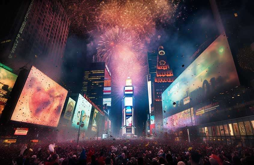 Multidão animada reunida na Times Square durante a festa de Réveillon, com as luzes e letreiros brilhantes ao fundo e fogos iluminando o céu.