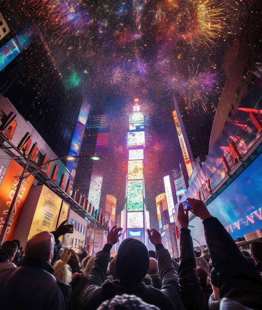 Multidão animada reunida na Times Square, observando a queima de fogos durante o ano novo em Nova York, com as luzes e letreiros brilhantes ao fundo.