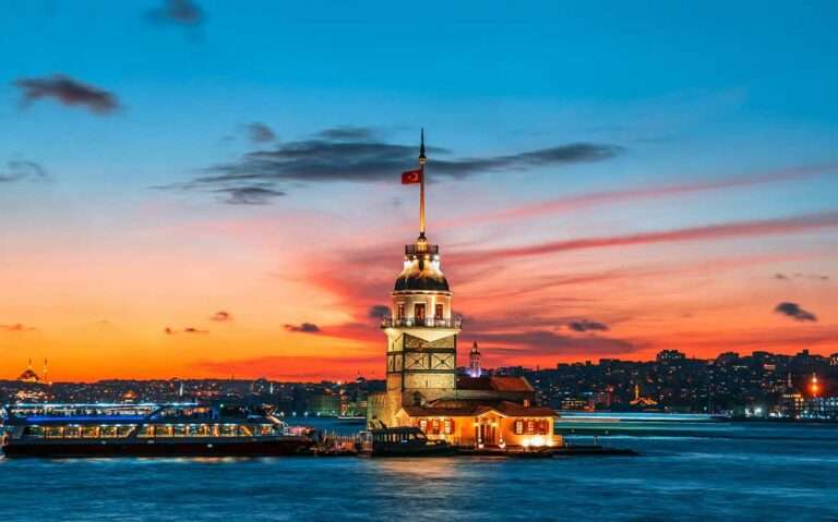 durante um entardecer, vista panorâmica de construção histórica sobre o mar em Istambul