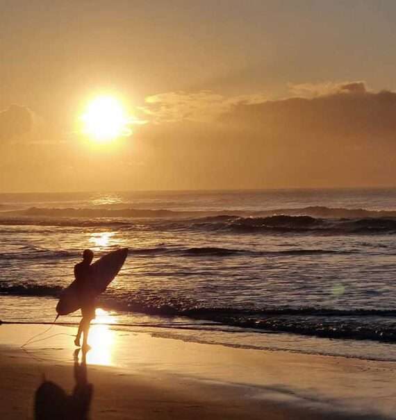 durante entardecer, silhueta de surfista carregando prancha em direção ao mar em praia de porto de galinhas