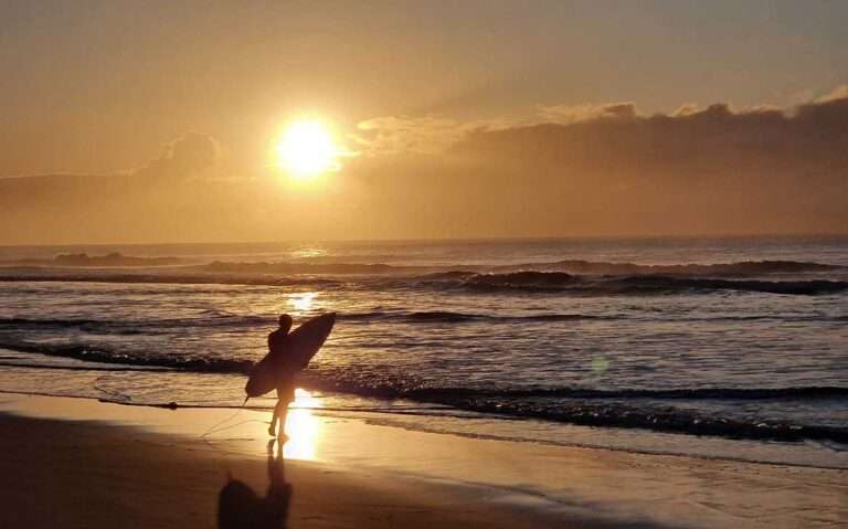 durante entardecer, silhueta de surfista carregando prancha em direção ao mar em praia de porto de galinhas