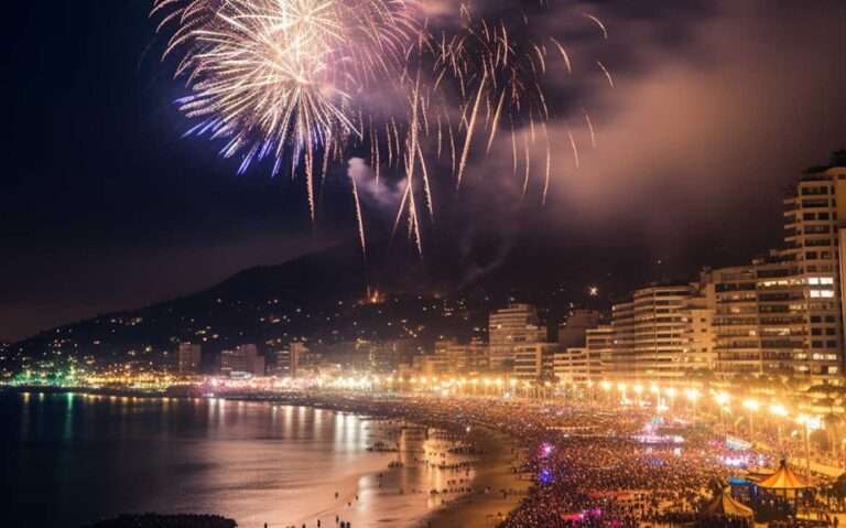 durante a noite de réveillon em copacabana, vista aérea de multidão em areia de praia observando show de fogos de artifício