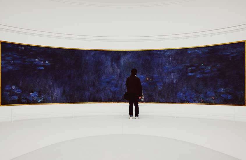 pessoa de costas, vestida de preto, observando mural azul em l'Orangerie, um dos museus em paris