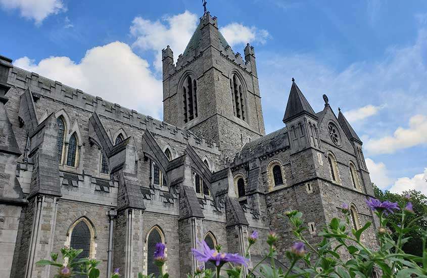 durante o dia, flores roxas em frente a uma imponente catedral cinza no centro de Dublin
