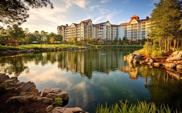 Durante o dia, vista panorâmica de prédios às margens de lago em complexo de um dos hotéis da Disney em Orlando.