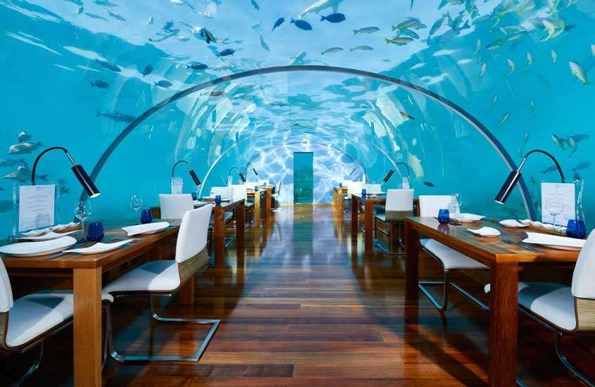 Mesas e cadeiras elegantemente dispostas em um restaurante submerso nas Maldivas, com vista dos peixes nadando ao redor.