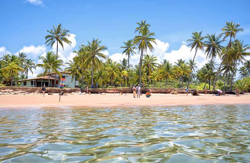 Vista panorâmica durante o dia de água cristalina do mar em primeiro plano, com pessoas na areia ao fundo, cercadas por coqueiros, criando um cenário paradisíaco.