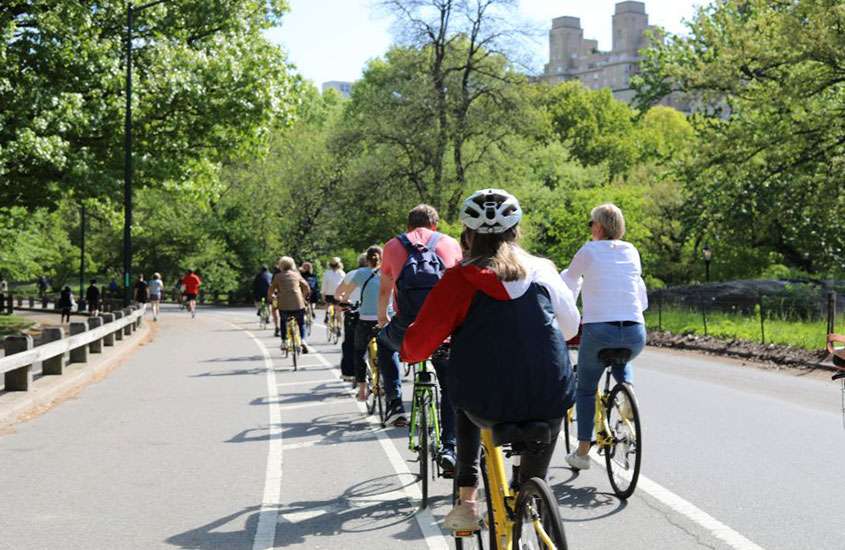 durante o dia, vários ciclistas enfileirados em ciclovia rodeada de árvores em central park, um dos melhores passeios em nova york
