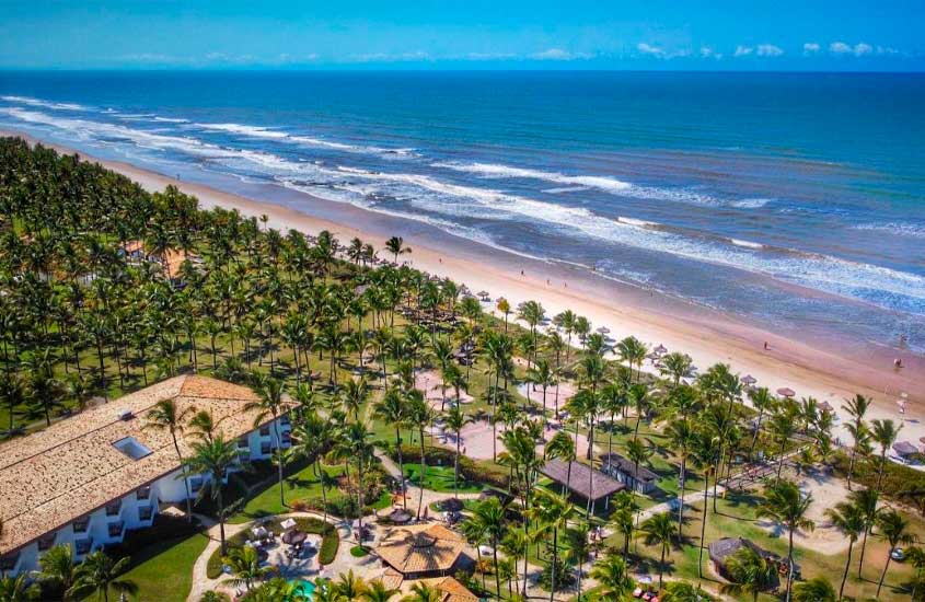 Em dia de sol, vista aérea de hotel all inclusive no nordeste rodeado por coqueiros, a beira-mar