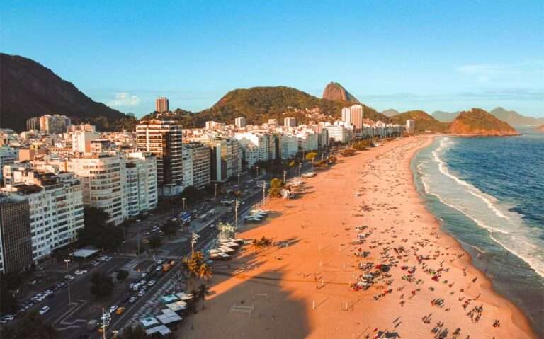Em um dia de sol, vista aérea da praia de copacabana com pessoas, guarda-sóis, carros, árvores, prédios atrás e litoral na frente