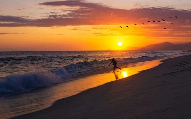 Durante o pôr do sol, homem pescando no mar com pássaros voando e sol refletido na areia